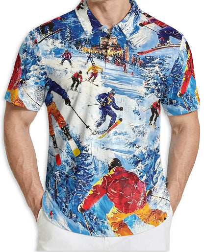 Skiing 3D Polo Shirt for Men – Colorful Winter Mountain Style | Azhobbyshop