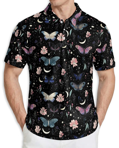 Butterfly Night Sky 3D Polo Shirt for Men – Floral Moon Aesthetic Design | Azhobbyshop