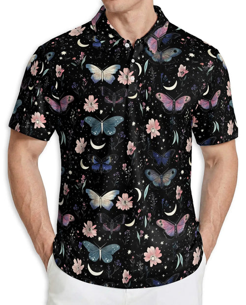 Butterfly Night Sky 3D Polo Shirt for Men – Floral Moon Aesthetic Design | Azhobbyshop