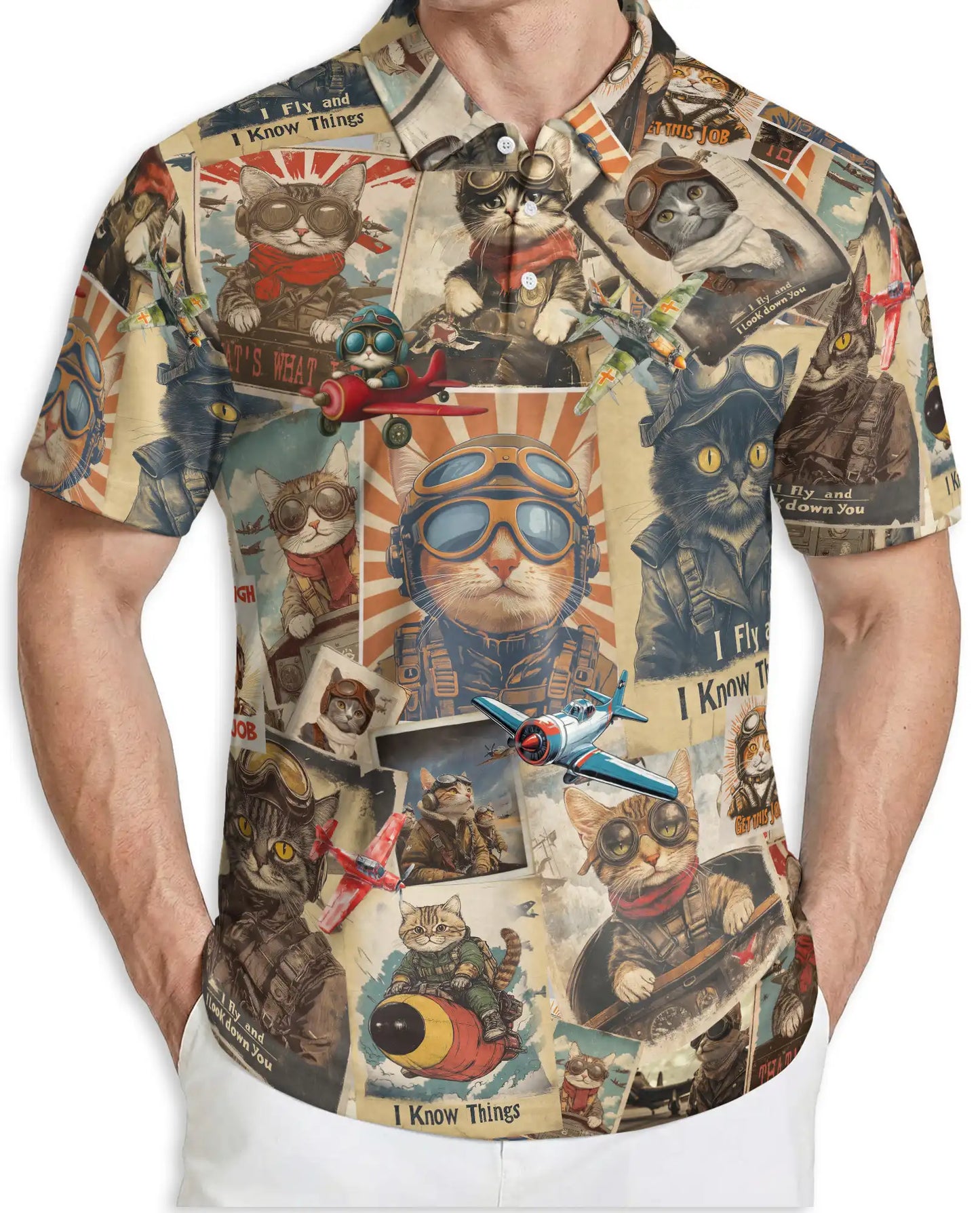 Vintage Pilot Cat Polo Shirt- Retro Aviator Cat Graphic Shirt | Azhobbyshop