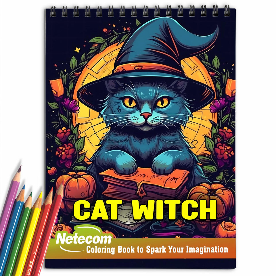 Cat Witch Spiral Bound Coloring Book, Set Your Imagination Ablaze with 30 Witchy Coloring Pages, Celebrating the Magical Connection between Cats and Spells