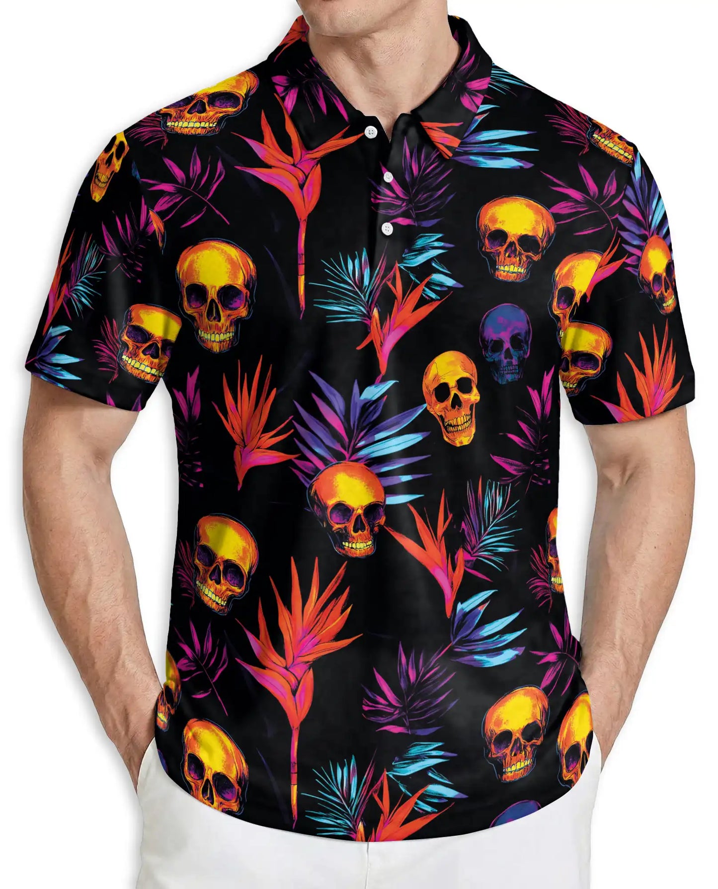 Colorful Skull Spooky Polo Shirt – Neon Tropical Skull Print | Azhobbyshop