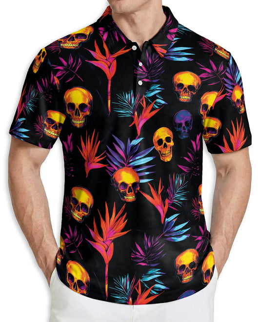 Colorful Skull Spooky Polo Shirt – Neon Tropical Skull Print | Azhobbyshop