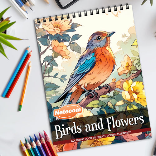 Birds And Flower Spiral Bound Coloring Book, Exquisite Birds and Flowers for a Relaxing and Artistic Journey, Perfect for Nature Enthusiasts and Bird Lovers