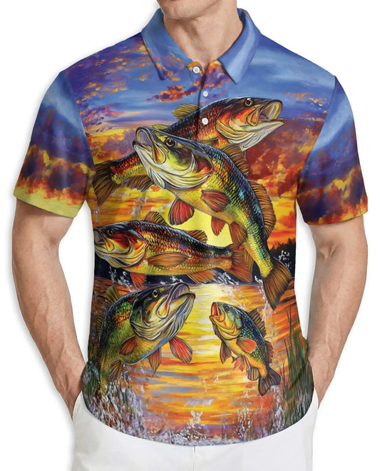 Bass Fishing Sunset 3D Polo Shirt for Men – Lake Fishing Art Print | Azhobbyshop