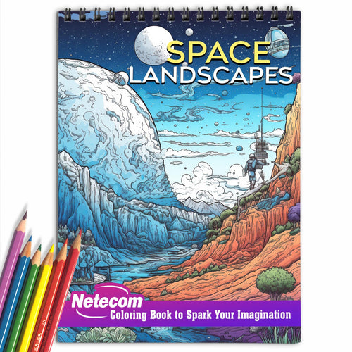 Space Landscapes Spiral Bound Coloring Book, A beautiful coloring book for adults, teens and children providing fun, stress relief and relaxation featuring amazing high contrast drawings of landscapes in space