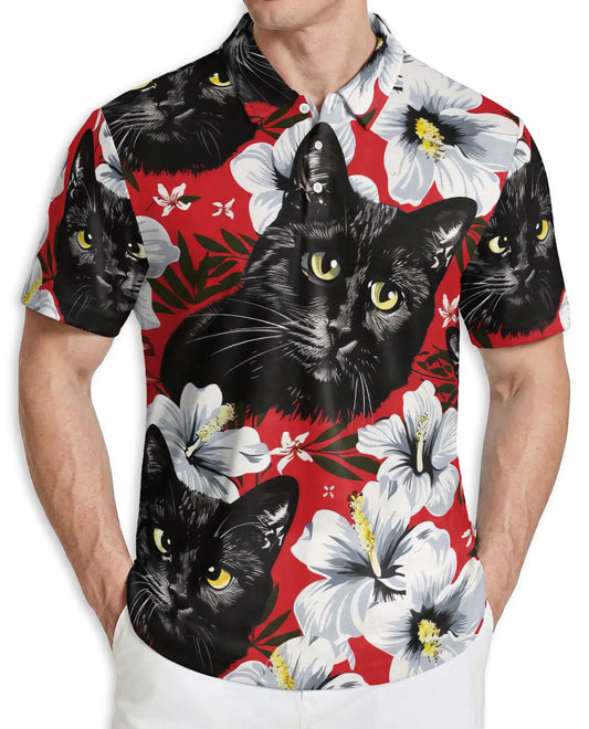 Black Cat Polo Shirt – Red Hibiscus Tropical Floral 3D Print | Azhobbyshop