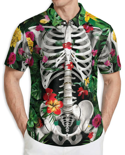 Skeleton Flowers Polo Shirt – Floral Skull Anatomy 3D Graphic | Azhobbyshop