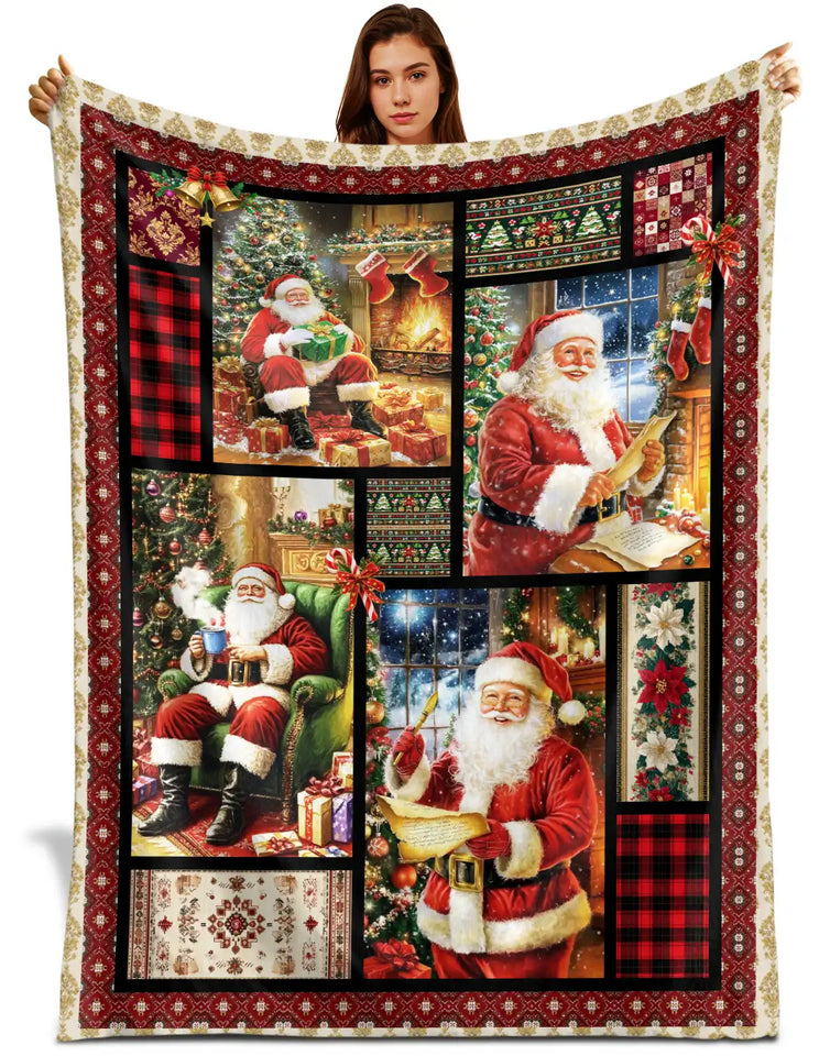 Santa Christmas Blanket – Vintage Patchwork Holiday Throw
