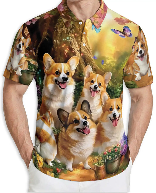 Corgi Dog 3D Polo Shirt for Men – Cute Puppy Garden Style | Azhobbyshop