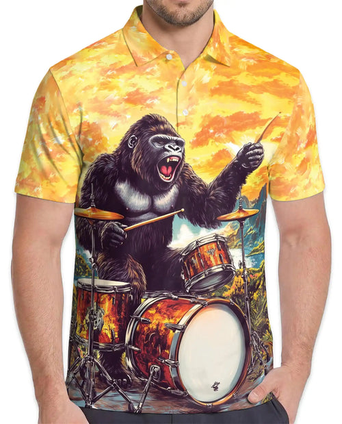 Gorilla Drummer 3D Polo Shirt for Men – Funny Animal Musician Style | Azhobbyshop