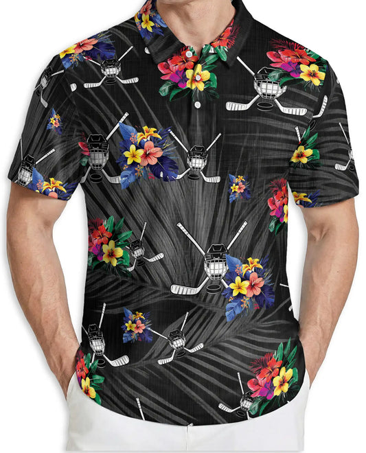 Hockey Hawaiian 3D Polo Shirt for Men – Tropical Ice Hockey Floral Style | Azhobbyshop
