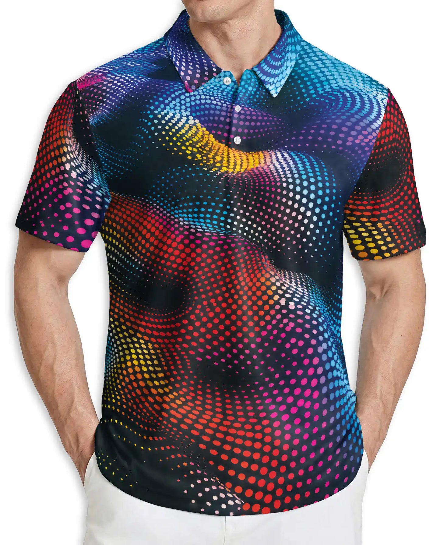 Dynamic Dots 3D Polo Shirt for Men – Abstract Neon Wave Pattern | Azhobbyshop