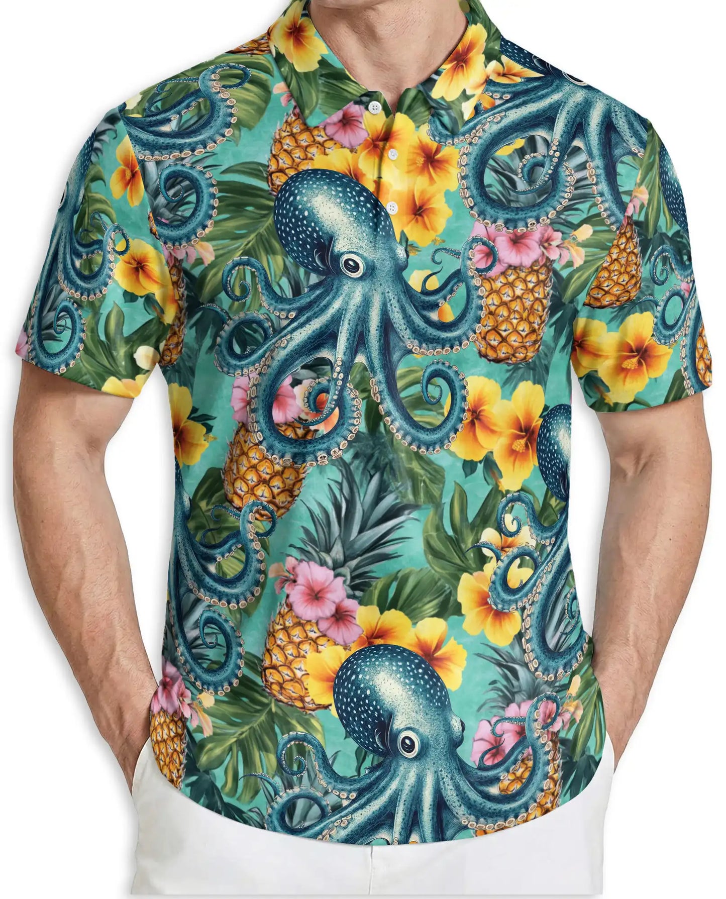 Octopus Hawaiian Polo Shirt -Tropical Pineapple Beach Style | Azhobbyshop