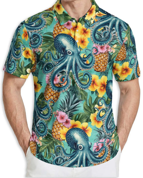 Octopus Hawaiian Polo Shirt -Tropical Pineapple Beach Style | Azhobbyshop
