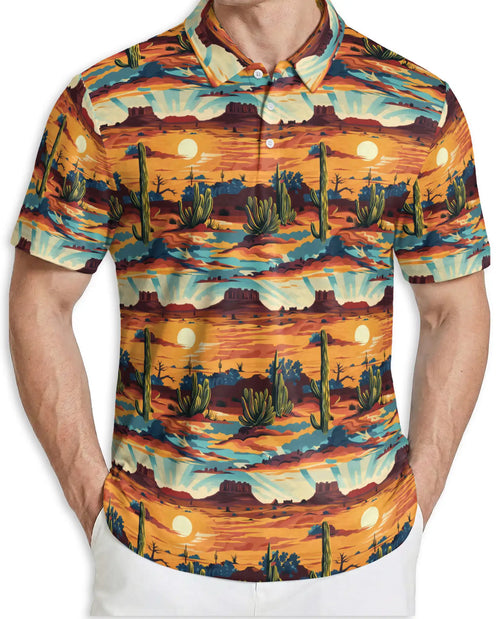 Desert Sunset 3D Polo Shirt for Men – Western Cactus Landscape Style | Azhobbyshop