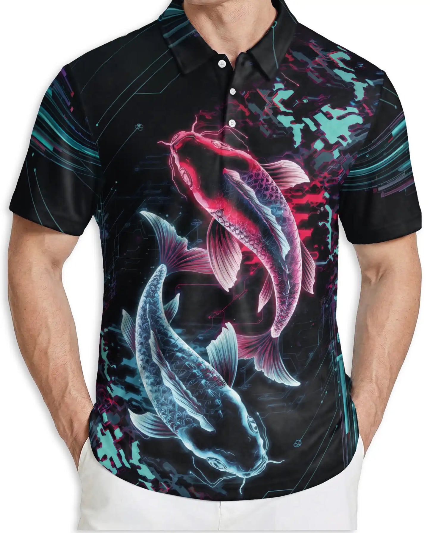 Cyberpunk Koi Fish 3D Polo Shirt – Neon Futuristic Japanese Style | Azhobbyshop