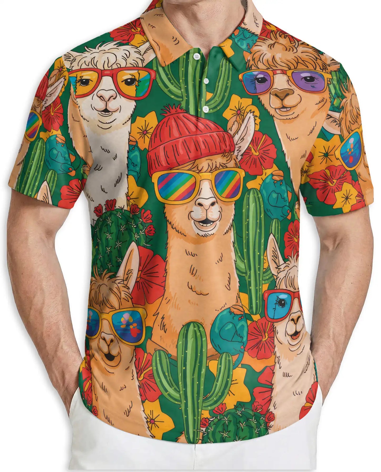 Funny Llama 3D Polo Shirt for Men – Cactus Desert Summer Style | Azhobbyshop