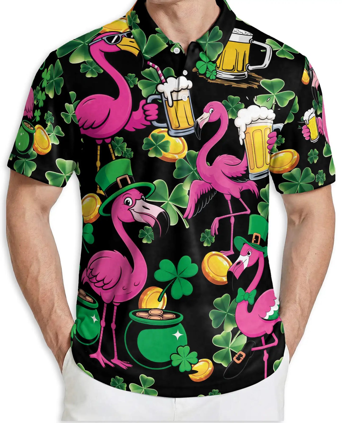 St Patrick Flamingo 3D Polo Shirt for Men – Funny Irish Beer Party Style | Azhobbyshop