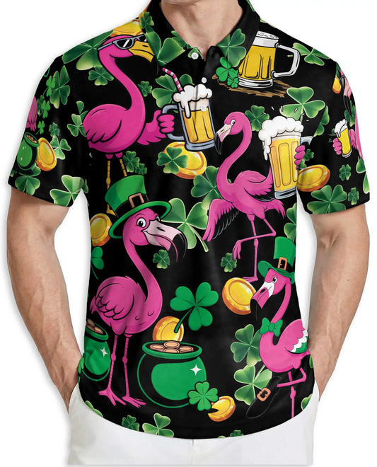 St Patrick Flamingo 3D Polo Shirt for Men – Funny Irish Beer Party Style | Azhobbyshop