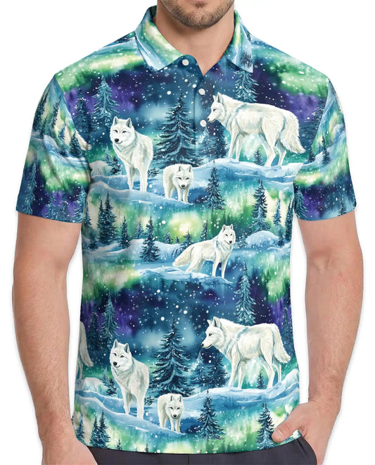 Arctic Wolf Aurora 3D Polo Shirt for Men – Northern Lights Winter Scene | Azhobbyshop