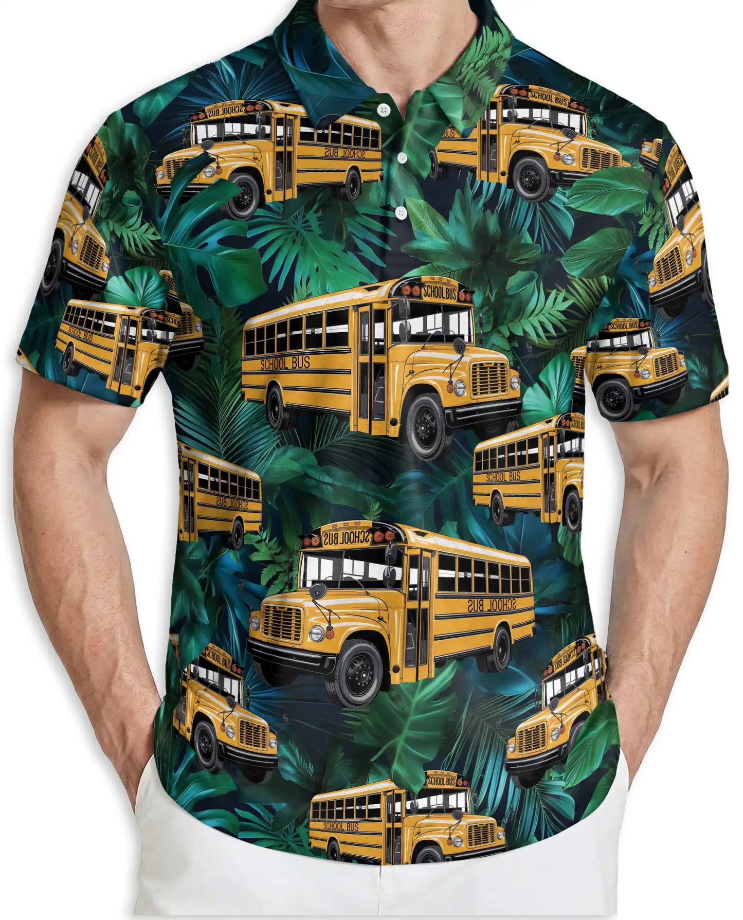School Bus Hawaiian 3D Polo Shirt for Men – Tropical Driver Style | Azhobbyshop