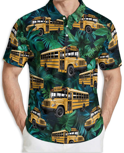 School Bus Hawaiian 3D Polo Shirt for Men – Tropical Driver Style | Azhobbyshop