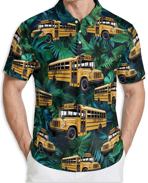 School Bus Hawaiian 3D Polo Shirt for Men – Tropical Driver Style | Azhobbyshop