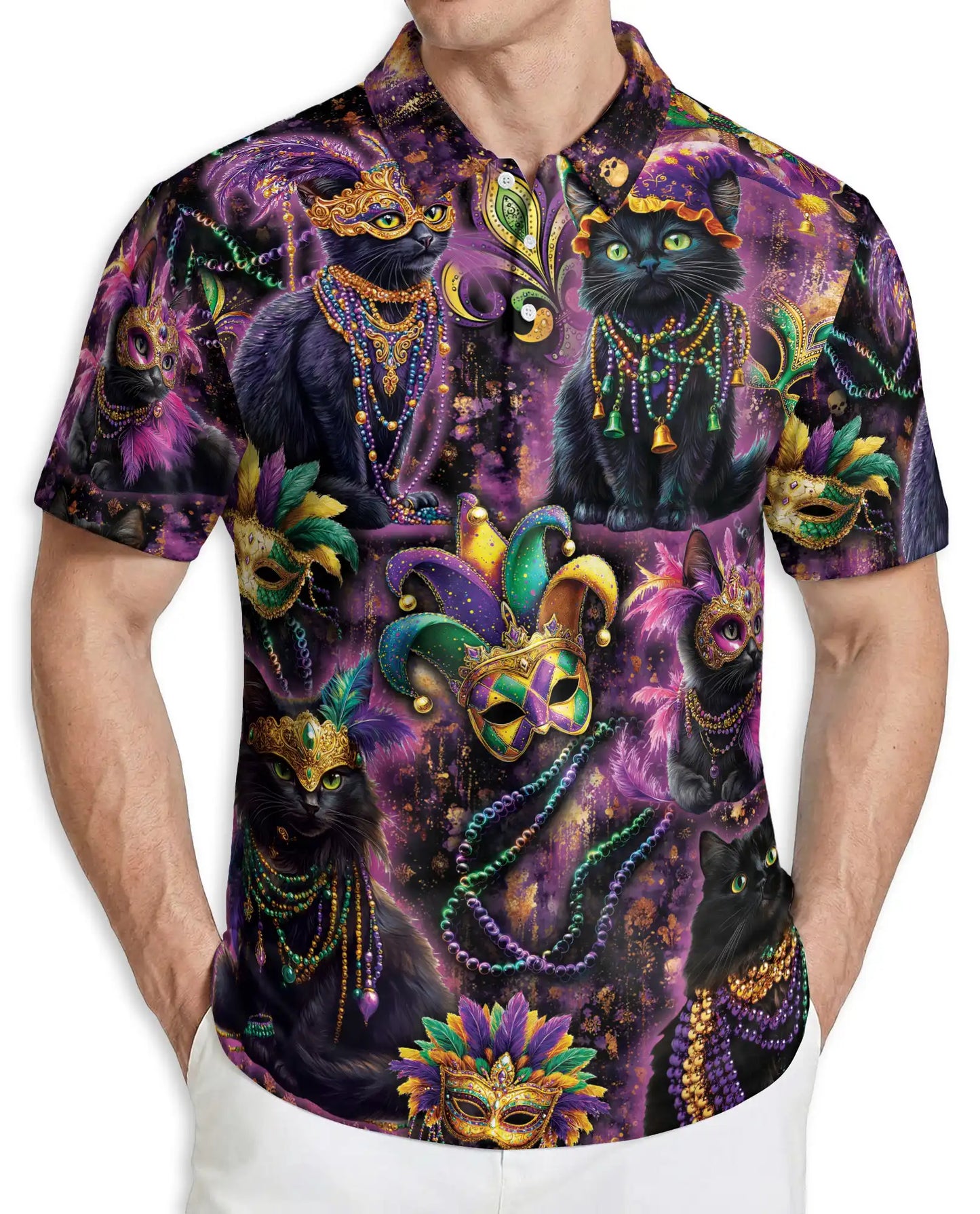 Mardi Gras Black Cat Hawaiian Polo Shirt – Carnival Mask Cat Shirt | Azhobbyshop