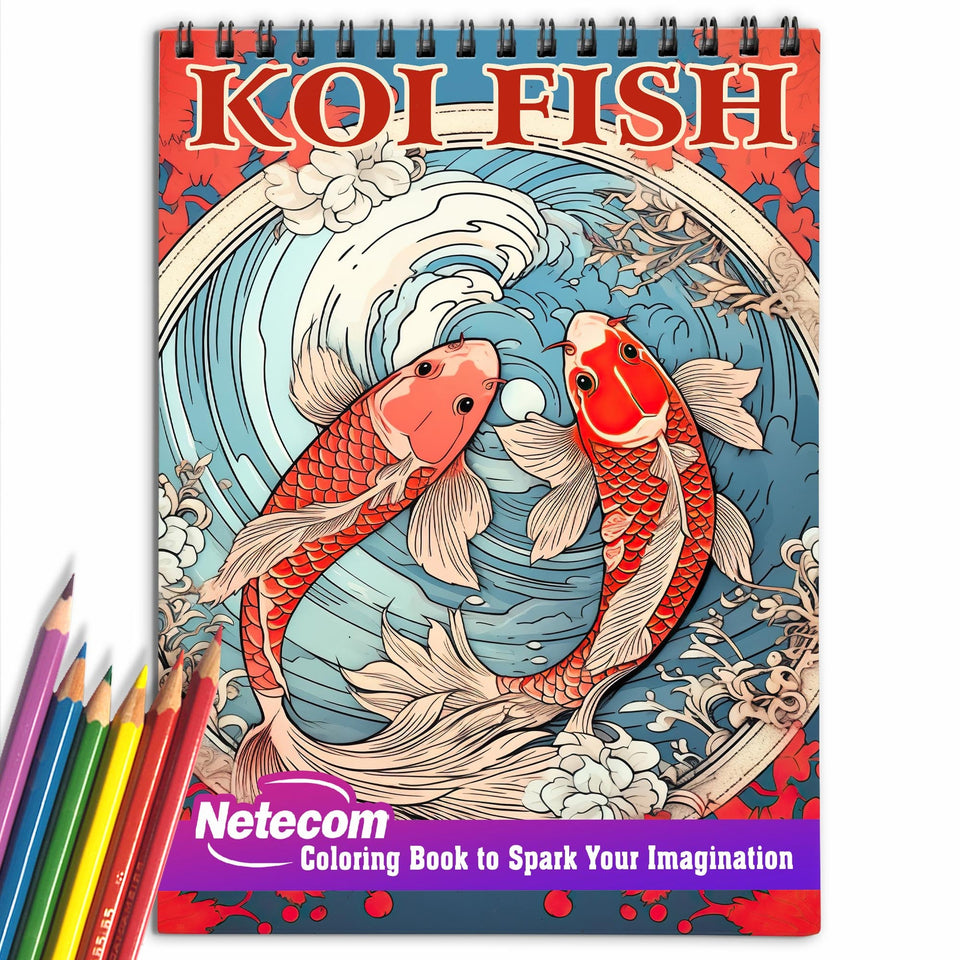 Koi Fish Spiral Bound Coloring Book, Unleash Your Creativity with 30 Coloring Pages, Capturing the Harmony and Serenity of Koi Fish in Peaceful Water Gardens