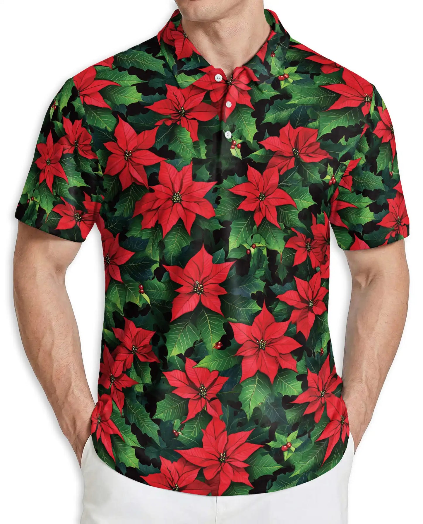Poinsettia Floral Polo Shirt – Red Green Holiday Flower Print | Azhobbyshop