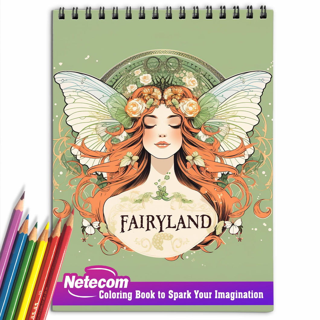 Fairyland Spiral Bound Coloring Book, Delight in 30 Shimmering Coloring Pages, Featuring Fairies with Glittering Wings and Delicate Fairy Dust