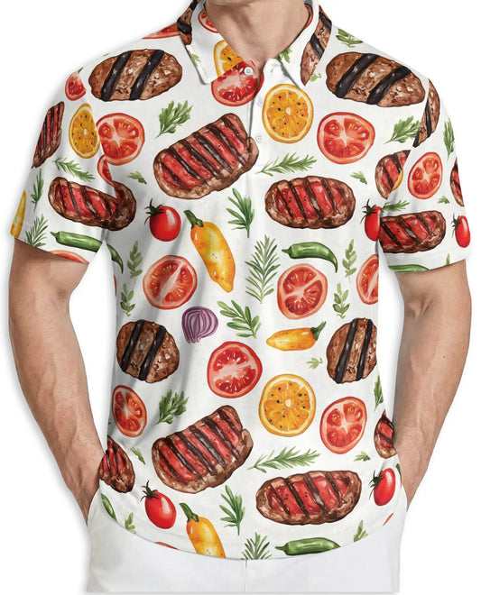 Grilled Steak 3D Polo Shirt for Men – BBQ Food Lover Summer Style | Azhobbyshop