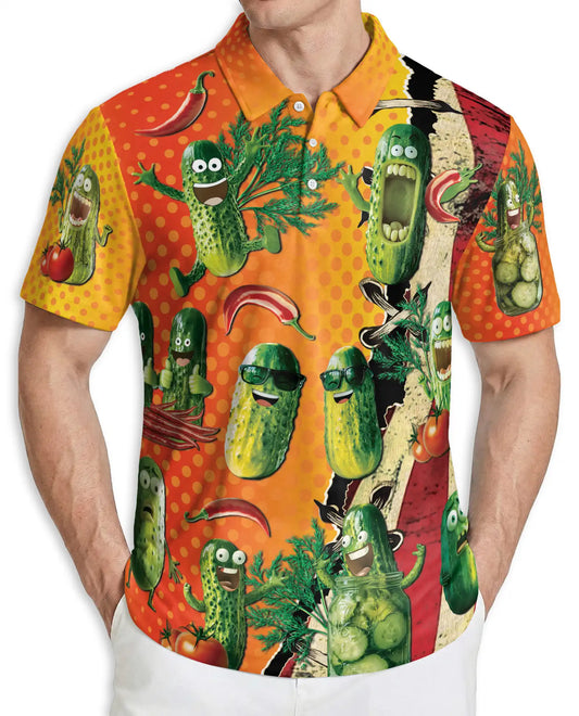 Funny Pickle Cartoon 3D Polo Shirt for Men – Cute Cucumber Humor Design | Azhobbyshop