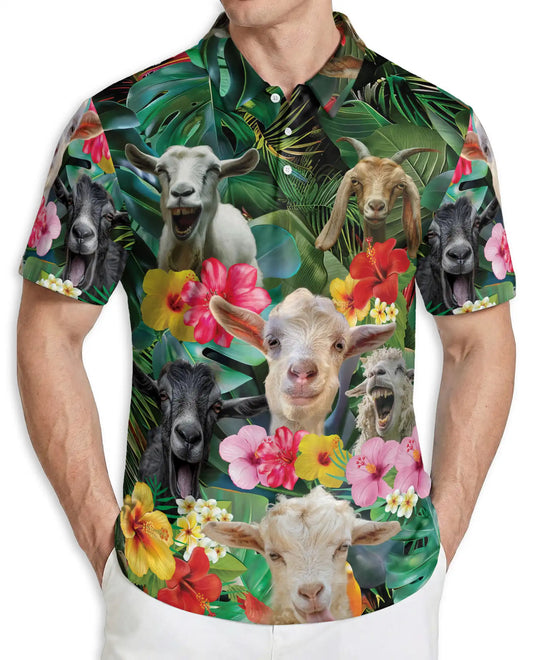 Goat Tropical Polo Shirt – Funny Farm Animal Floral Hawaiian 3D Print | Azhobbyshop