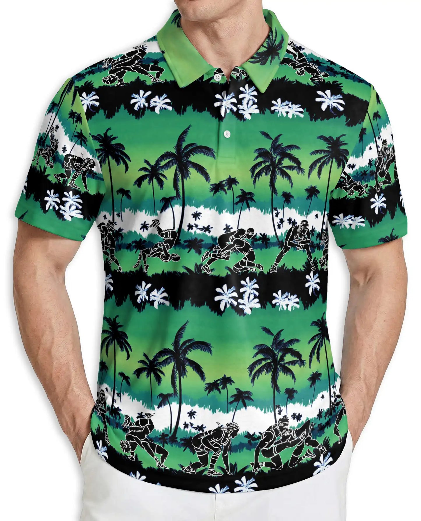 Wrestling Hawaiian 3D Polo Shirt for Men – Green Tropical Beach Style | Azhobbyshop