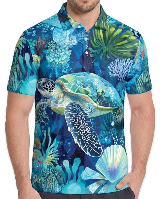 Sea Turtle Ocean Polo Shirt – Underwater Coral Reef Design | Azhobbyshop
