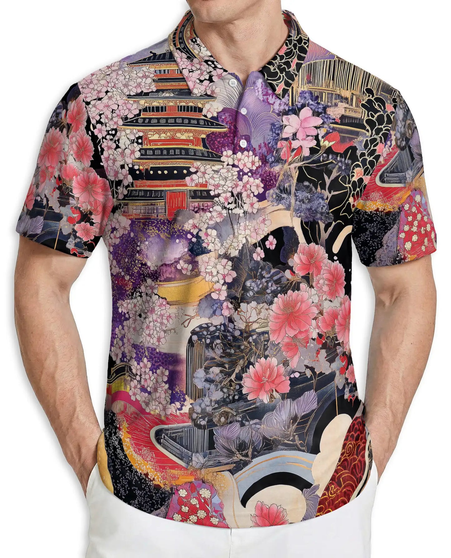 Japanese Art Polo Shirt – Sakura Temple Oriental Style Shirt | Azhobbyshop