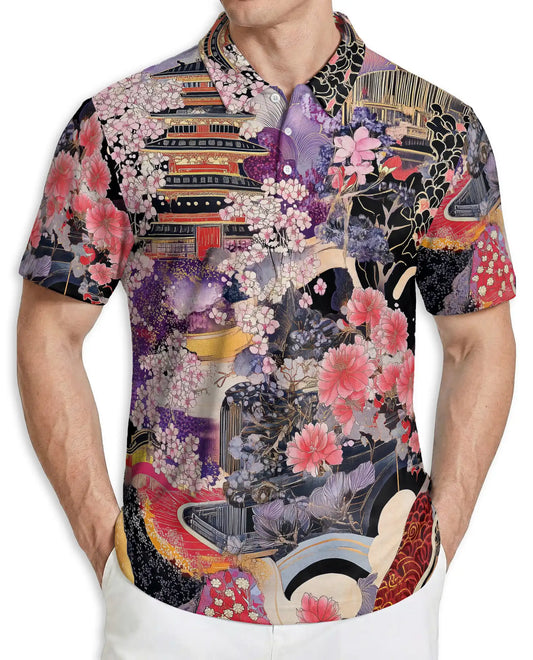 Japanese Art Polo Shirt – Sakura Temple Oriental Style Shirt | Azhobbyshop