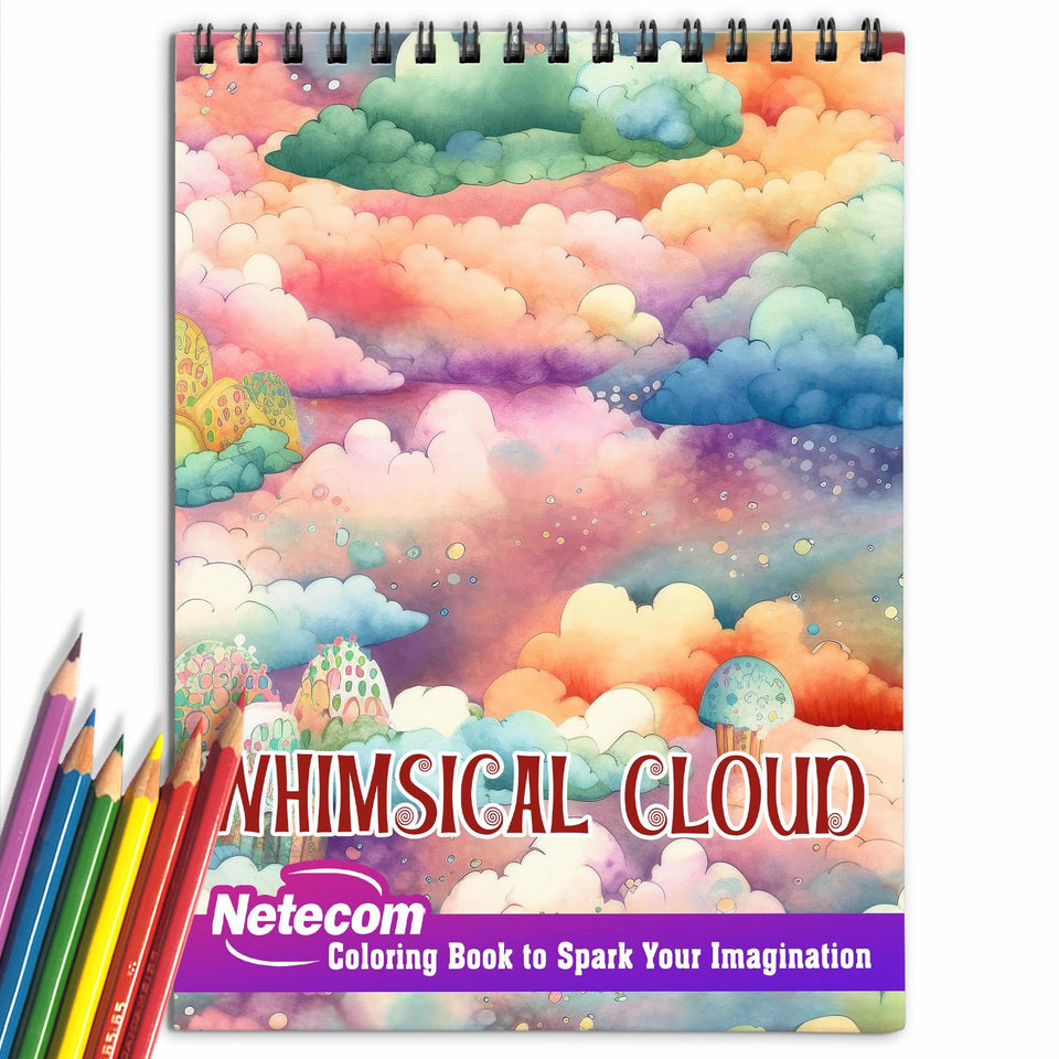 Whimsical Cloud Spiral Bound Coloring Book, Experience 30 Coloring Pages Filled with Tranquil Cloud Patterns and Fluffy Forms