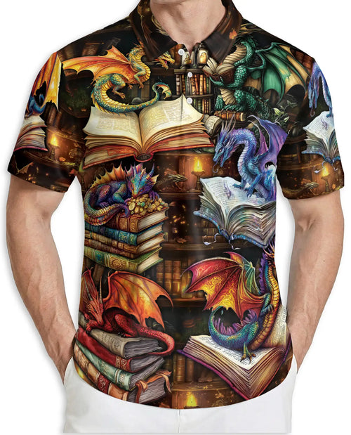 Dragon Book 3D Polo Shirt for Men – Fantasy Library Magic Style | Azhobbyshop