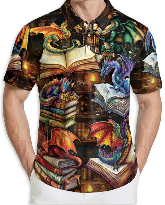 Dragon Book 3D Polo Shirt for Men – Fantasy Library Magic Style | Azhobbyshop