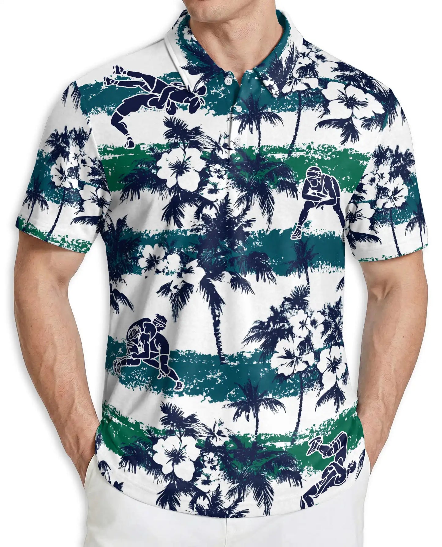 Wrestling Hawaiian 3D Polo Shirt for Men – Blue Green Tropical Beach Style | Azhobbyshop