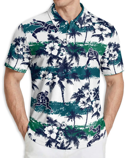 Wrestling Hawaiian 3D Polo Shirt for Men – Blue Green Tropical Beach Style | Azhobbyshop