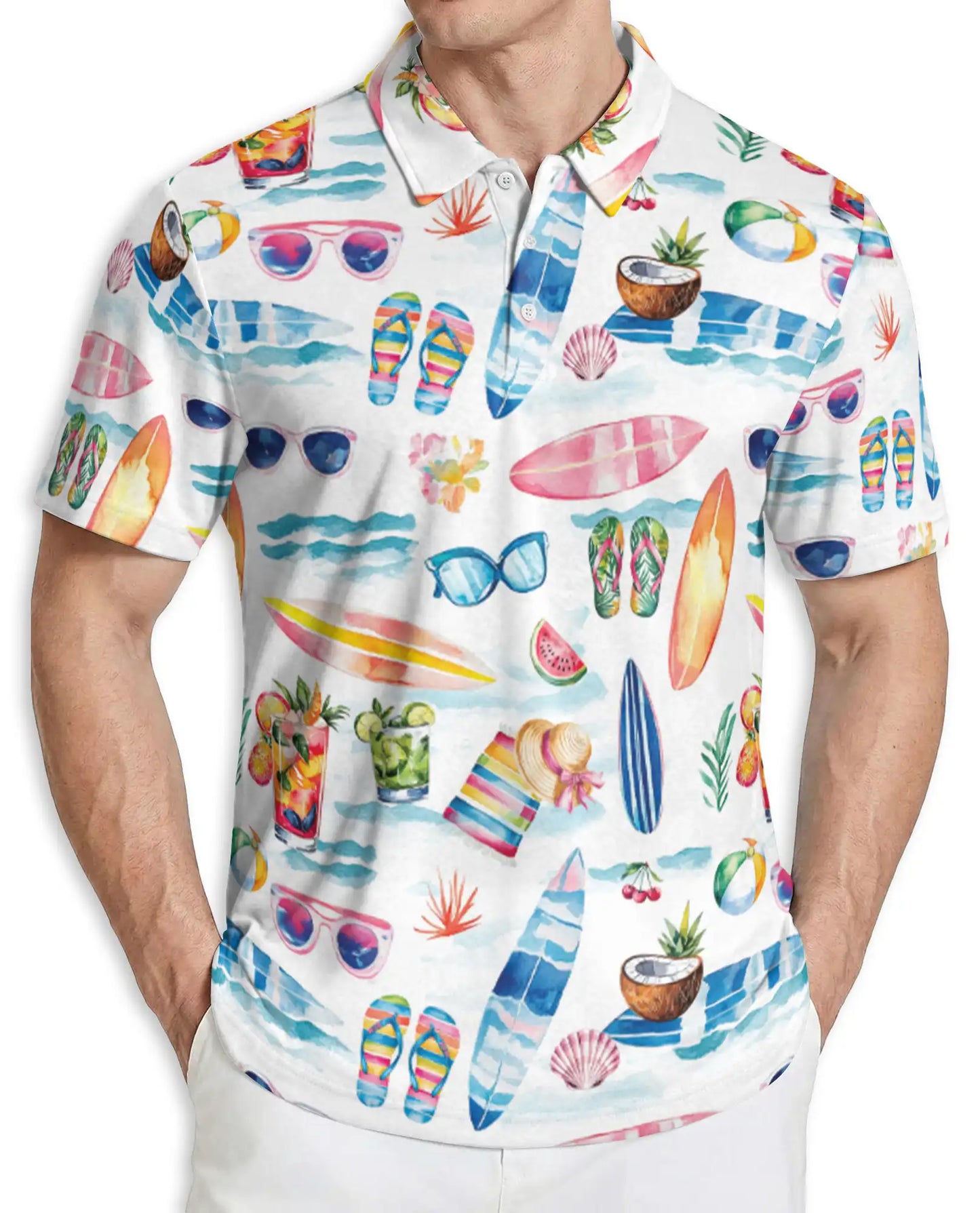 Beach Summer Vibes 3D Polo Shirt for Men – Surf, Sunglasses & Tropical Print | Azhobbyshop