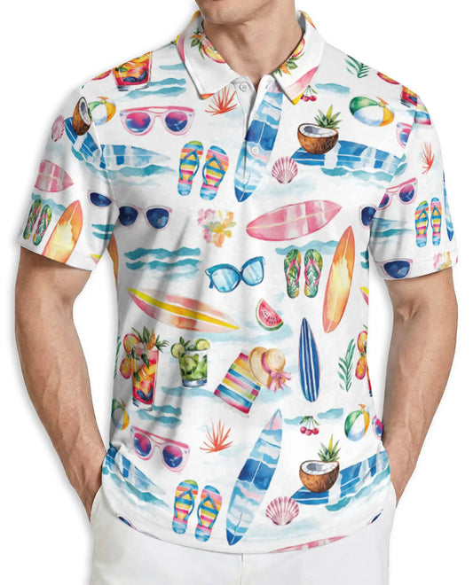 Beach Summer Vibes 3D Polo Shirt for Men – Surf, Sunglasses & Tropical Print | Azhobbyshop