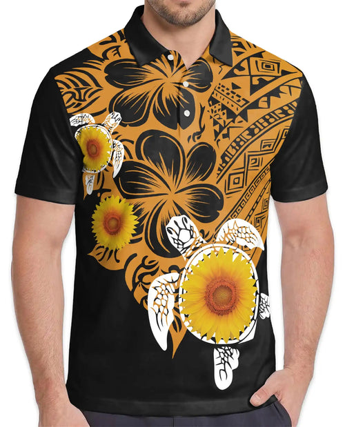 Sunflower Turtle Polynesian Polo Shirt – Tribal Hawaiian Floral Design | Azhobbyshop