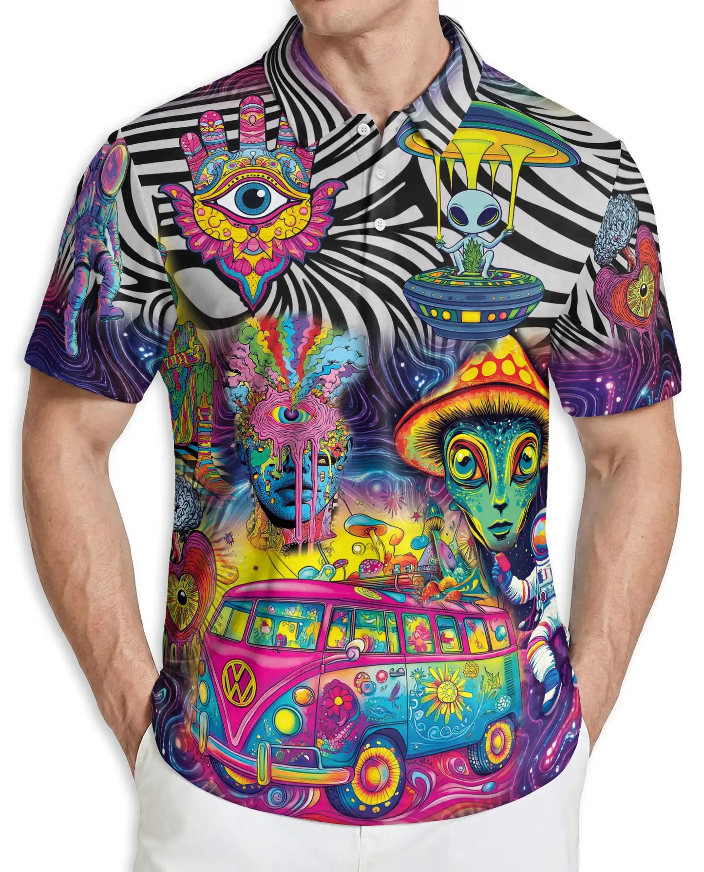 Psychedelic Alien 3D Polo Shirt for Men – Trippy UFO & Hippie Van Print | Azhobbyshop