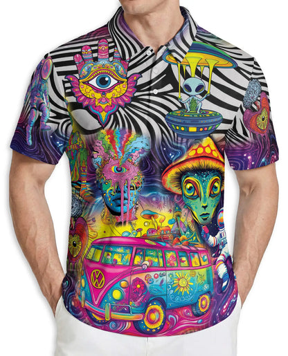 Psychedelic Alien 3D Polo Shirt for Men – Trippy UFO & Hippie Van Print | Azhobbyshop