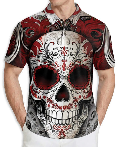 Sugar Skull 3D Polo Shirt for Men – Red Gothic Day of the Dead Style | Azhobbyshop